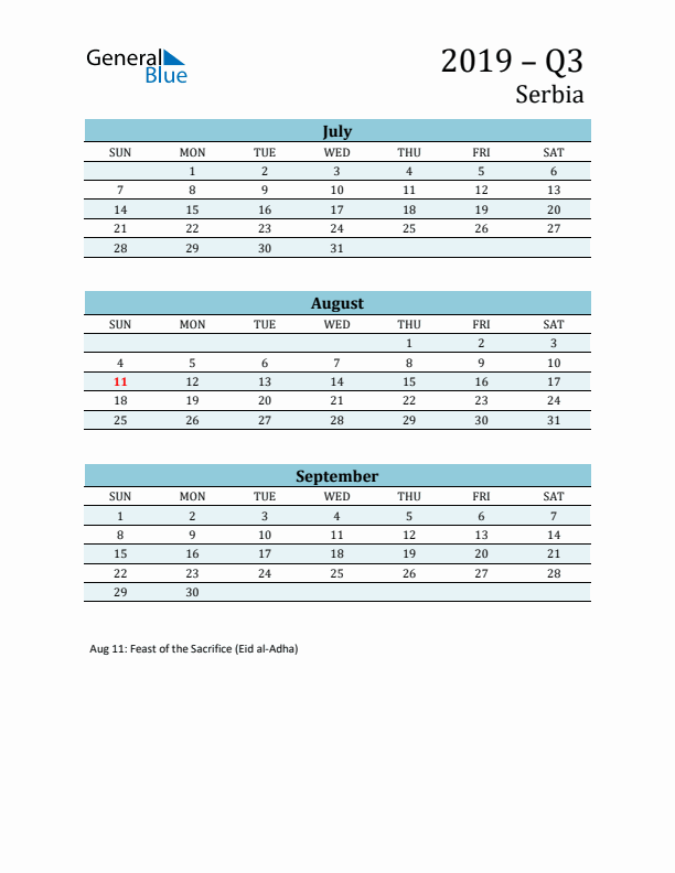 Three-Month Planner for Q3 2019 with Holidays - Serbia