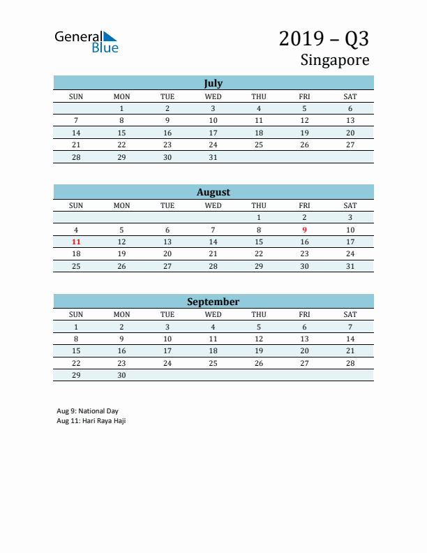 Three-Month Planner for Q3 2019 with Holidays - Singapore