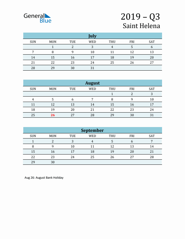 Three-Month Planner for Q3 2019 with Holidays - Saint Helena