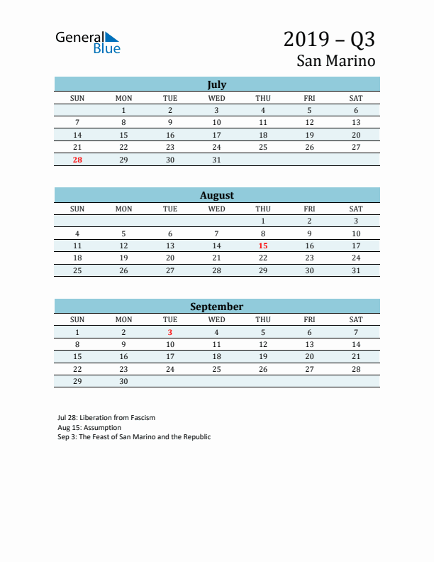 Three-Month Planner for Q3 2019 with Holidays - San Marino