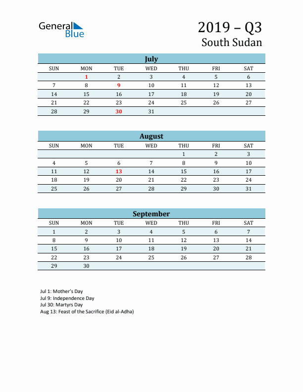 Three-Month Planner for Q3 2019 with Holidays - South Sudan