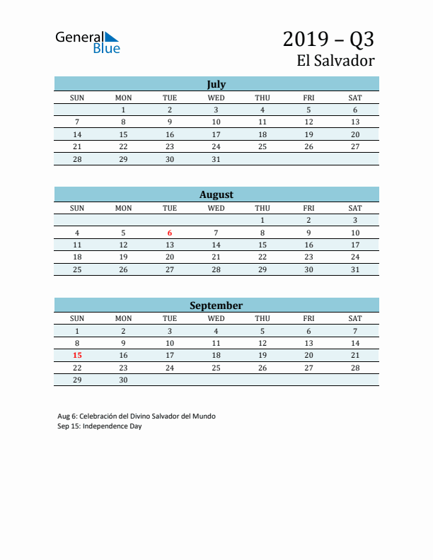 Three-Month Planner for Q3 2019 with Holidays - El Salvador