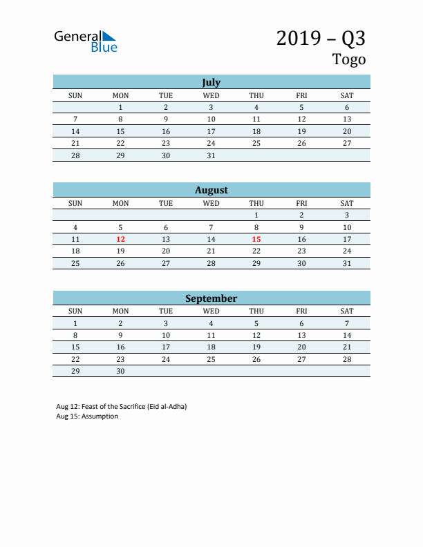 Three-Month Planner for Q3 2019 with Holidays - Togo