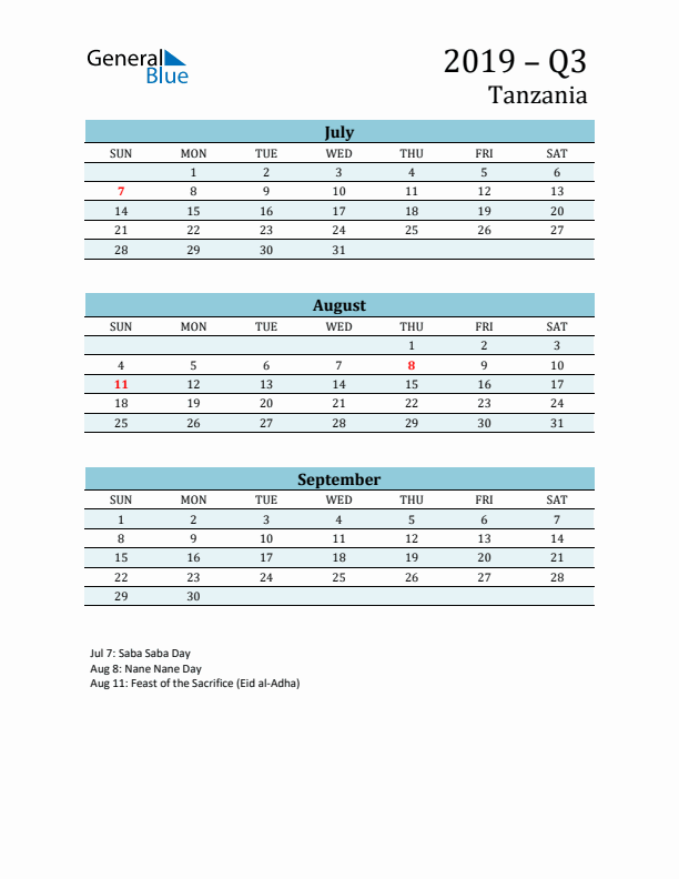 Three-Month Planner for Q3 2019 with Holidays - Tanzania