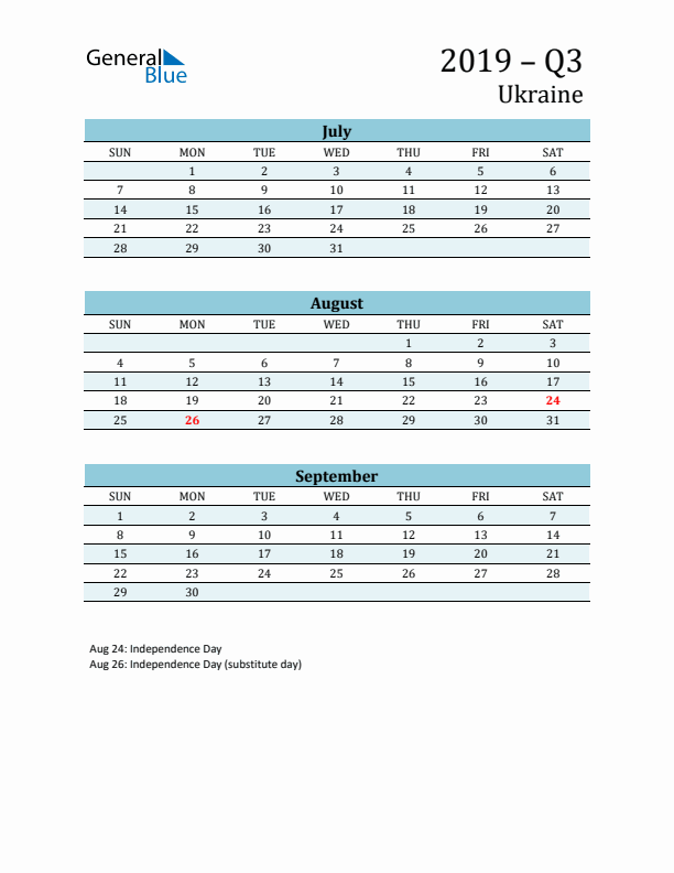 Three-Month Planner for Q3 2019 with Holidays - Ukraine