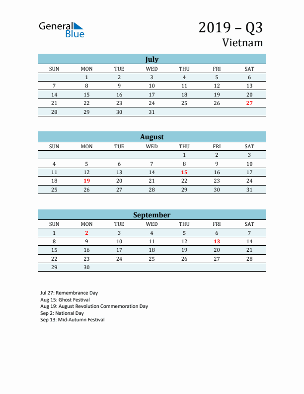Three-Month Planner for Q3 2019 with Holidays - Vietnam