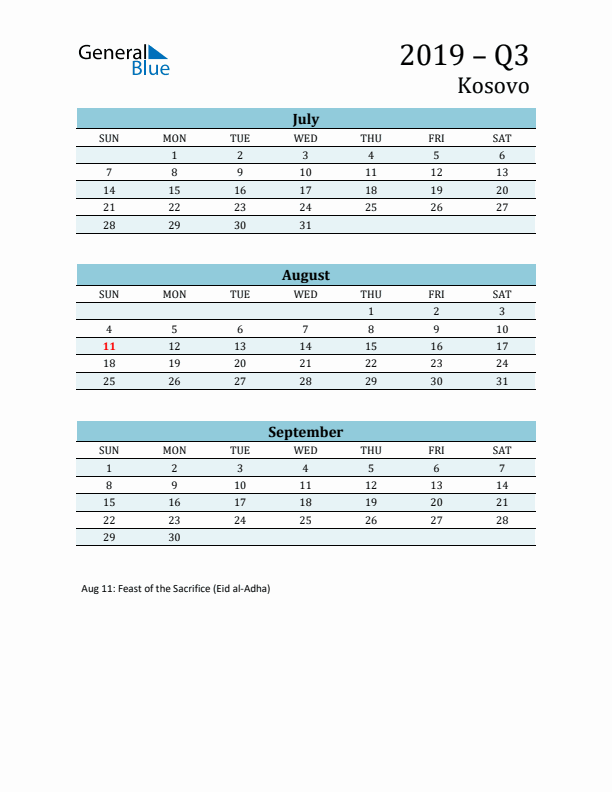 Three-Month Planner for Q3 2019 with Holidays - Kosovo