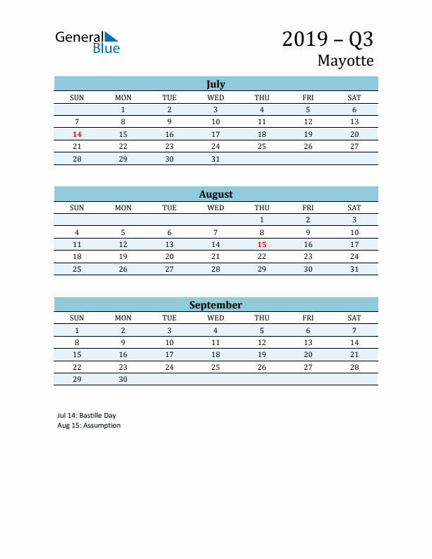 Three-Month Planner for Q3 2019 with Holidays - Mayotte