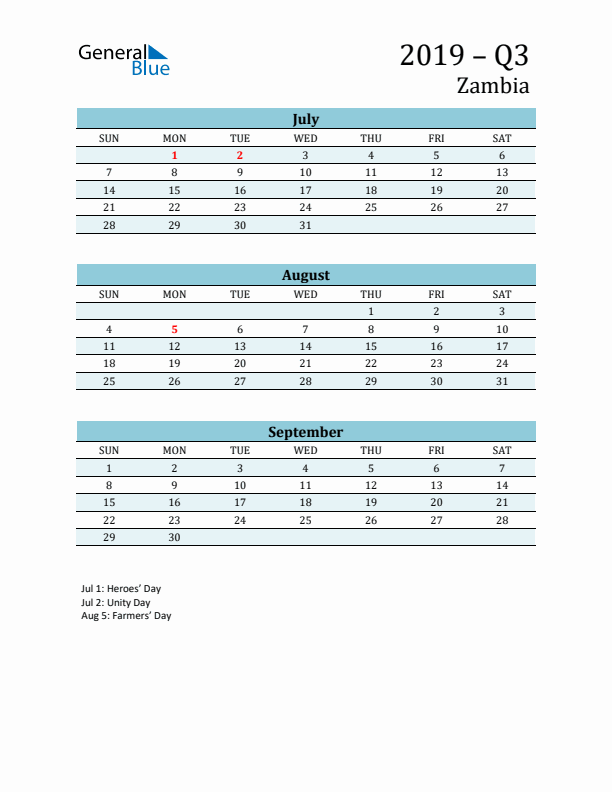 Three-Month Planner for Q3 2019 with Holidays - Zambia