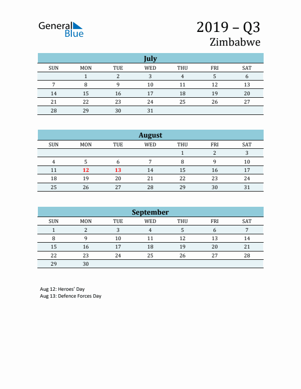 Three-Month Planner for Q3 2019 with Holidays - Zimbabwe