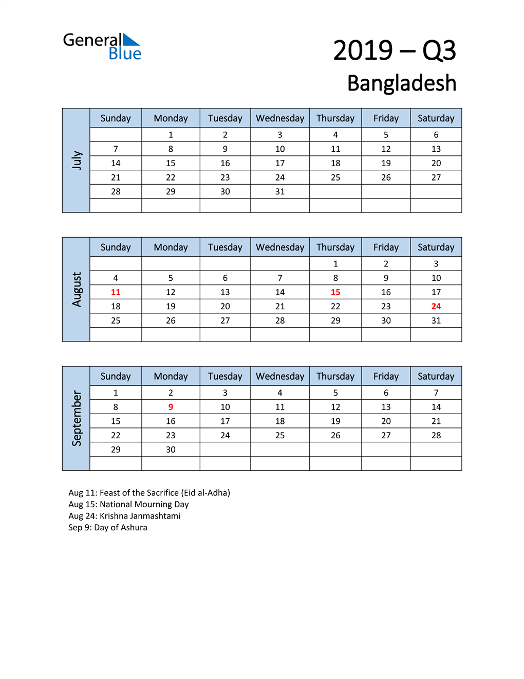  Free Q3 2019 Calendar for Bangladesh