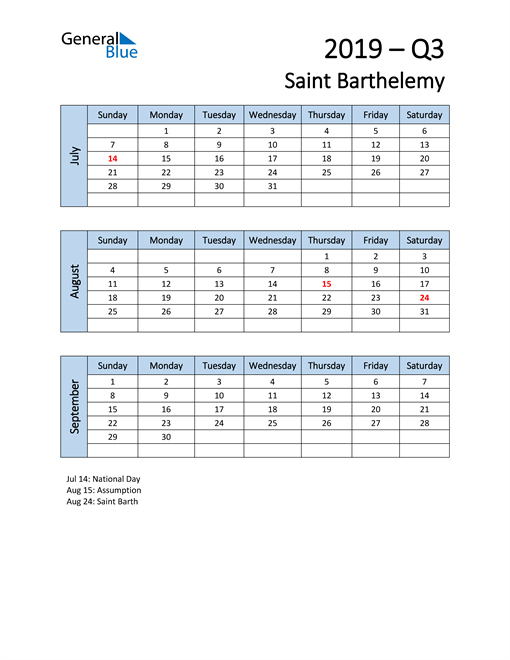  Free Q3 2019 Calendar for Saint Barthelemy