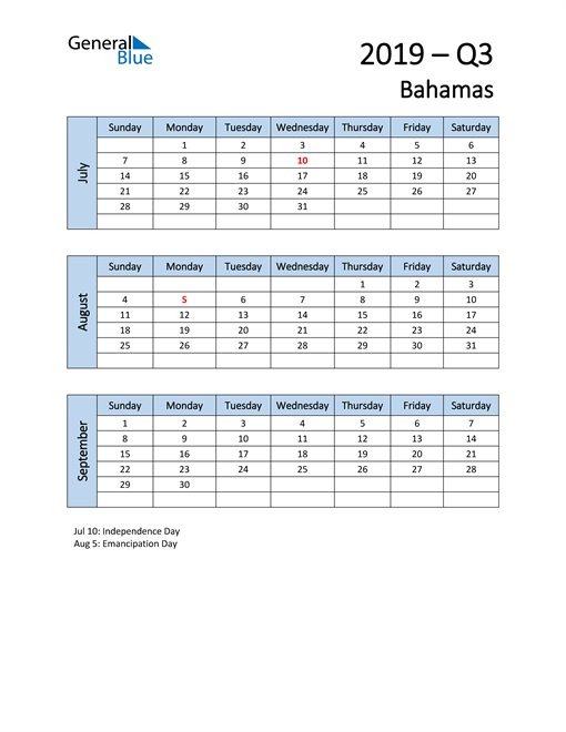  Free Q3 2019 Calendar for Bahamas
