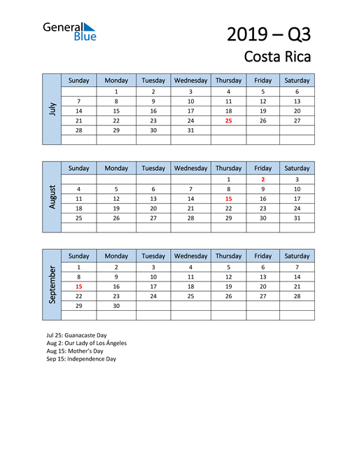  Free Q3 2019 Calendar for Costa Rica
