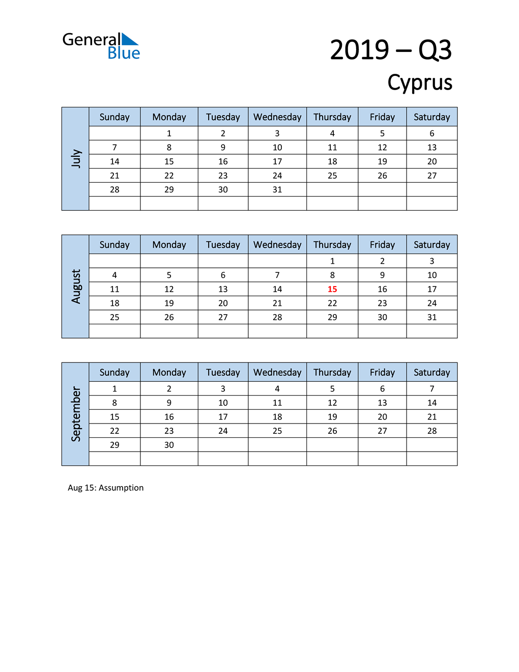  Free Q3 2019 Calendar for Cyprus