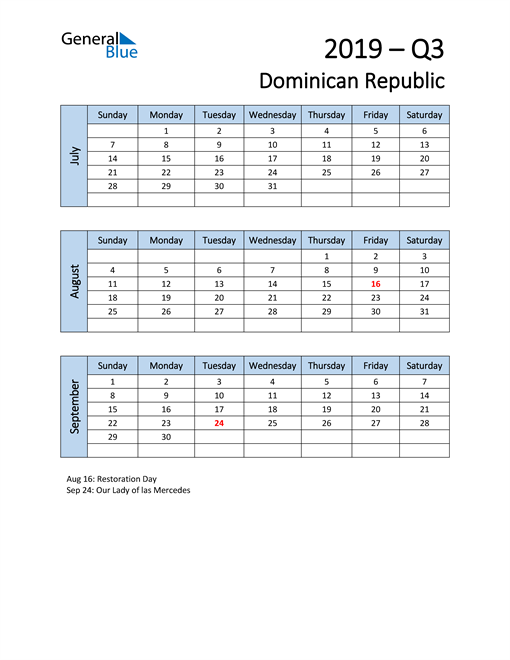  Free Q3 2019 Calendar for Dominican Republic
