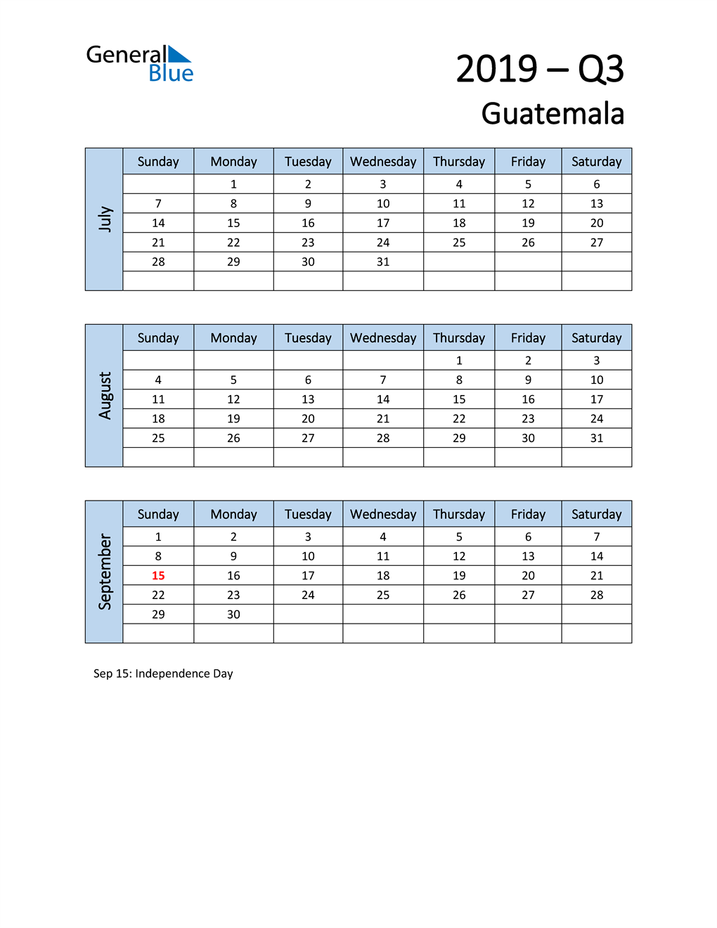  Free Q3 2019 Calendar for Guatemala