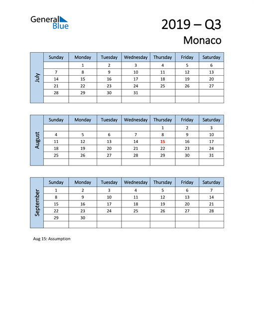  Free Q3 2019 Calendar for Monaco