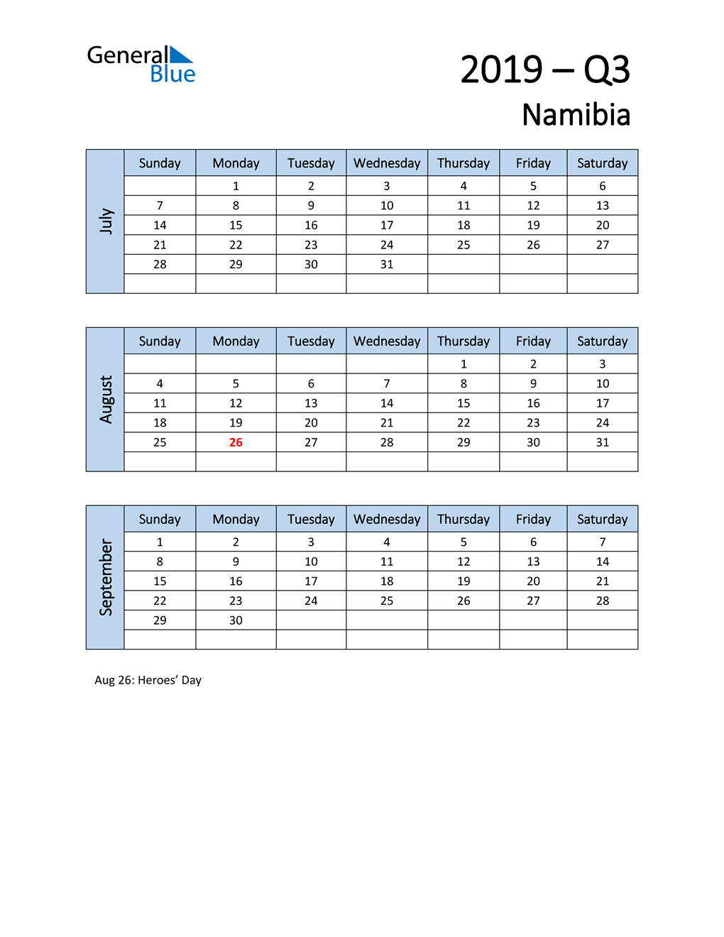  Free Q3 2019 Calendar for Namibia