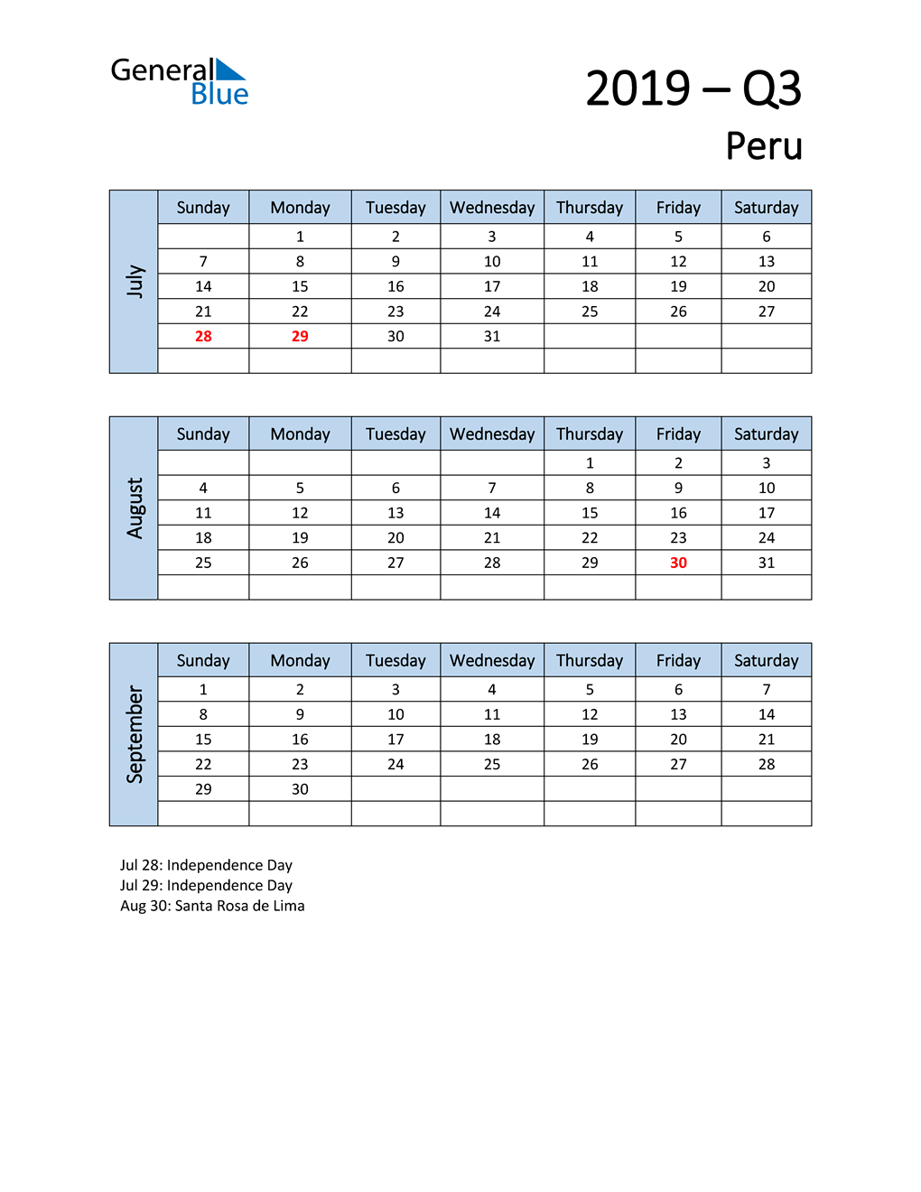  Free Q3 2019 Calendar for Peru