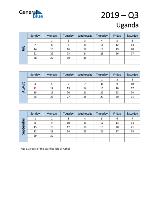  Free Q3 2019 Calendar for Uganda
