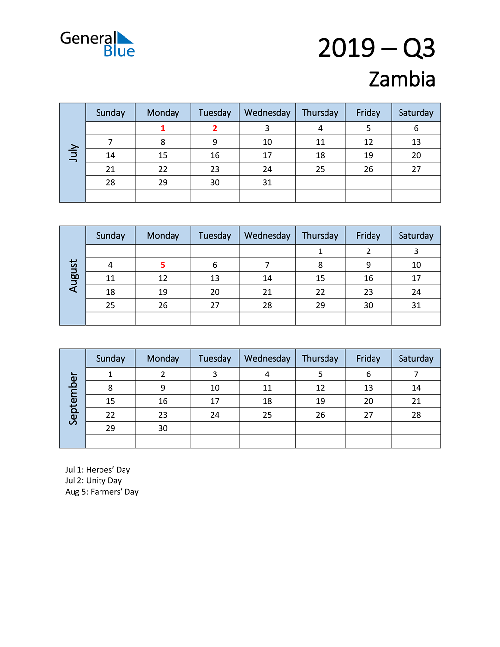  Free Q3 2019 Calendar for Zambia