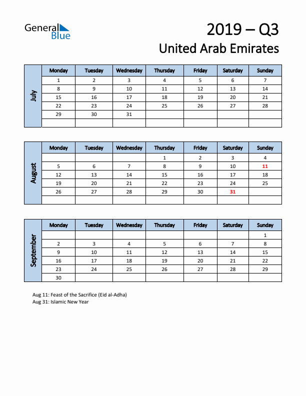 Free Q3 2019 Calendar for United Arab Emirates - Monday Start
