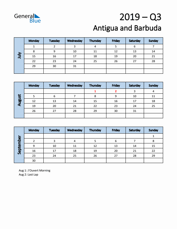 Free Q3 2019 Calendar for Antigua and Barbuda - Monday Start