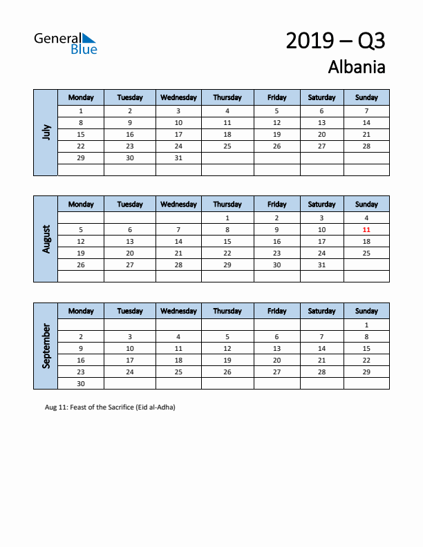 Free Q3 2019 Calendar for Albania - Monday Start
