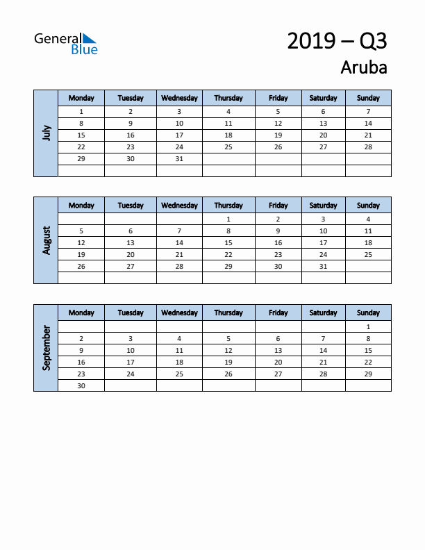 Free Q3 2019 Calendar for Aruba - Monday Start