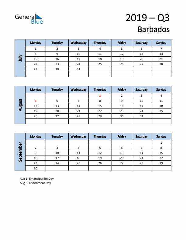 Free Q3 2019 Calendar for Barbados - Monday Start