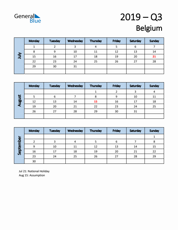 Free Q3 2019 Calendar for Belgium - Monday Start