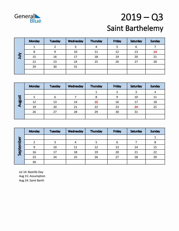 Free Q3 2019 Calendar for Saint Barthelemy - Monday Start