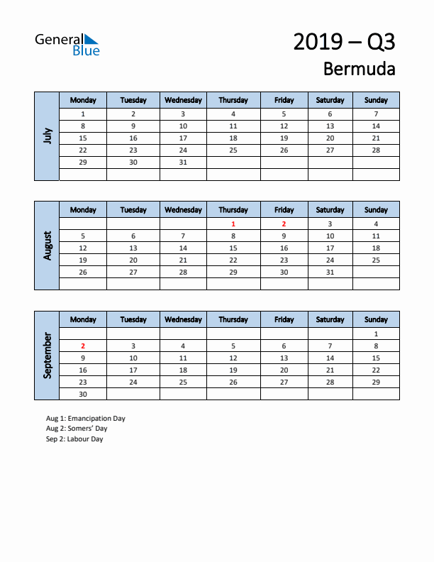 Free Q3 2019 Calendar for Bermuda - Monday Start