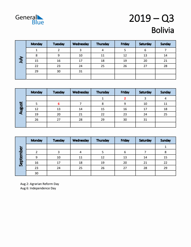 Free Q3 2019 Calendar for Bolivia - Monday Start