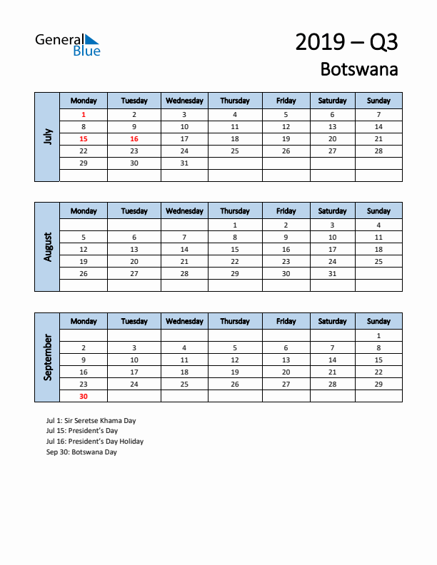 Free Q3 2019 Calendar for Botswana - Monday Start