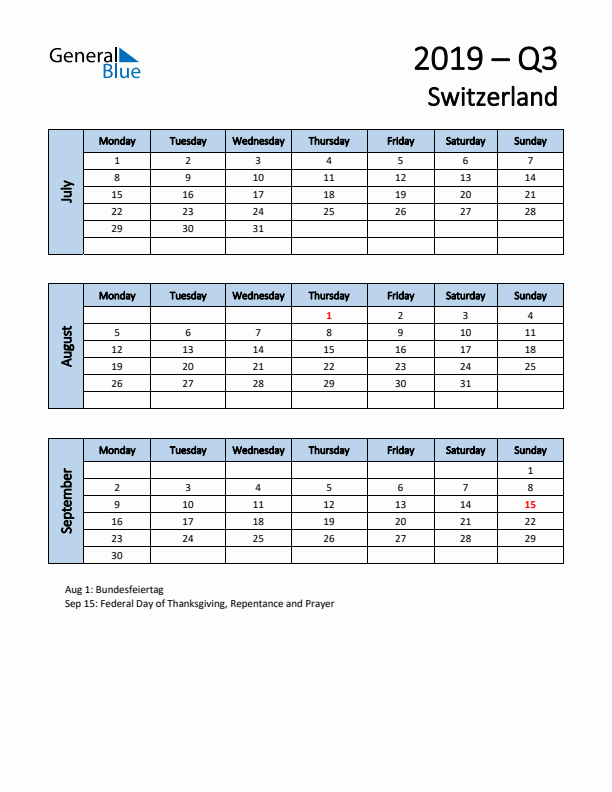Free Q3 2019 Calendar for Switzerland - Monday Start