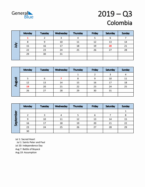 Free Q3 2019 Calendar for Colombia - Monday Start