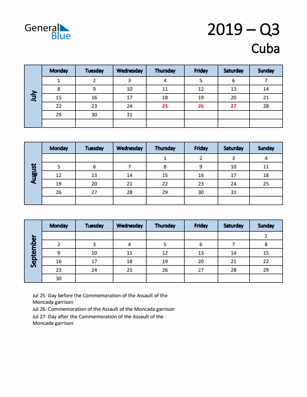 Free Q3 2019 Calendar for Cuba - Monday Start