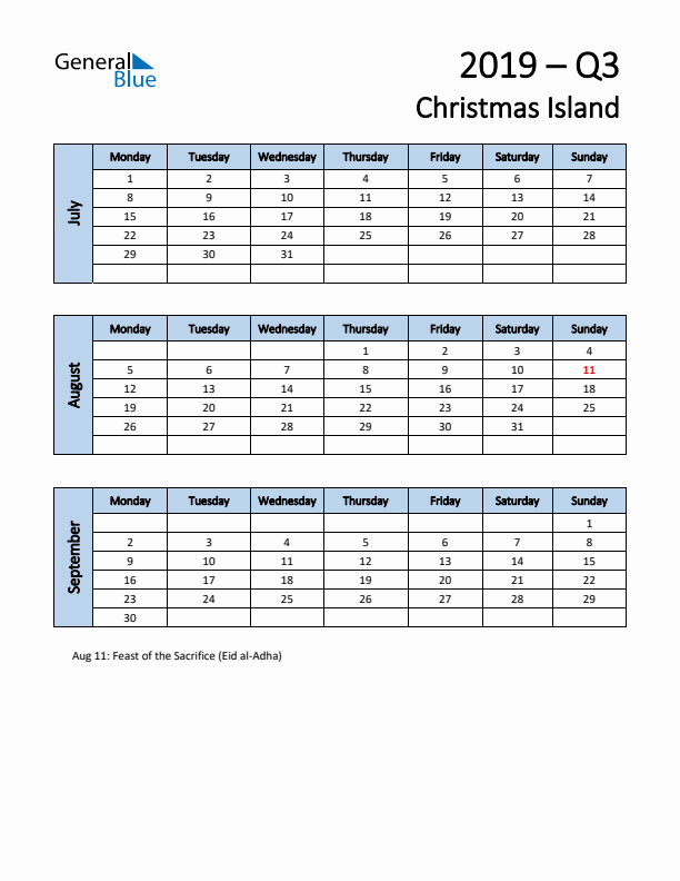 Free Q3 2019 Calendar for Christmas Island - Monday Start