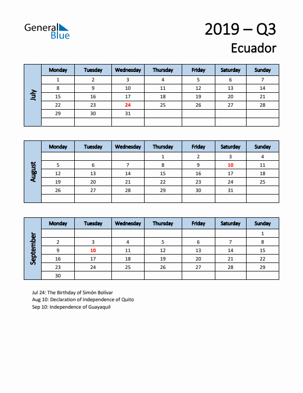 Free Q3 2019 Calendar for Ecuador - Monday Start