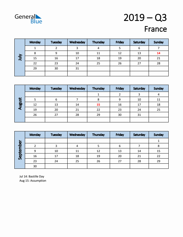 Free Q3 2019 Calendar for France - Monday Start