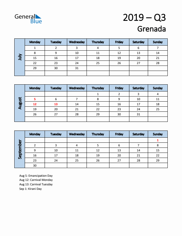 Free Q3 2019 Calendar for Grenada - Monday Start