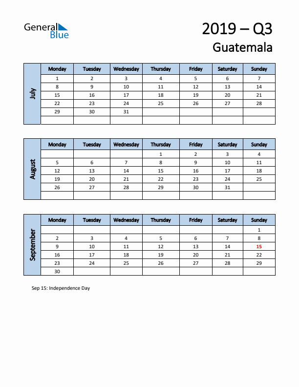 Free Q3 2019 Calendar for Guatemala - Monday Start