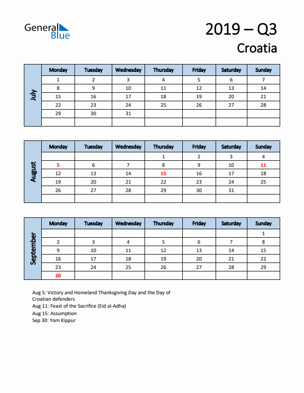 Free Q3 2019 Calendar for Croatia - Monday Start