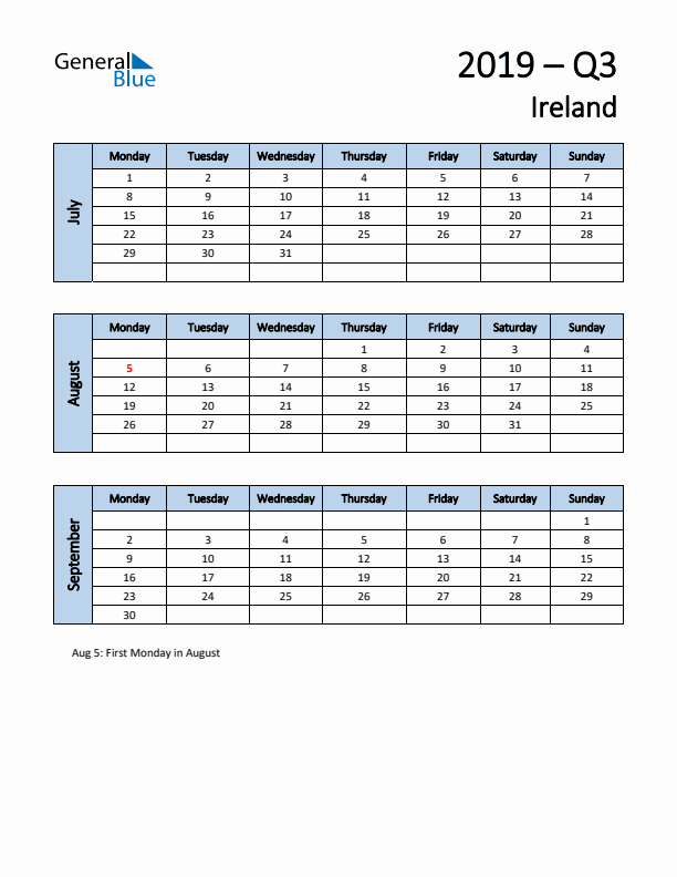 Free Q3 2019 Calendar for Ireland - Monday Start