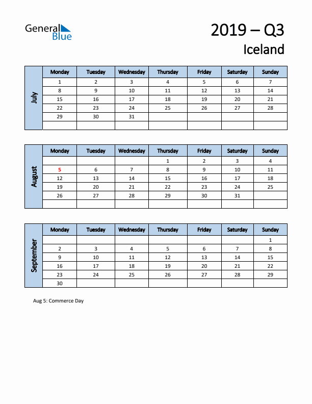Free Q3 2019 Calendar for Iceland - Monday Start