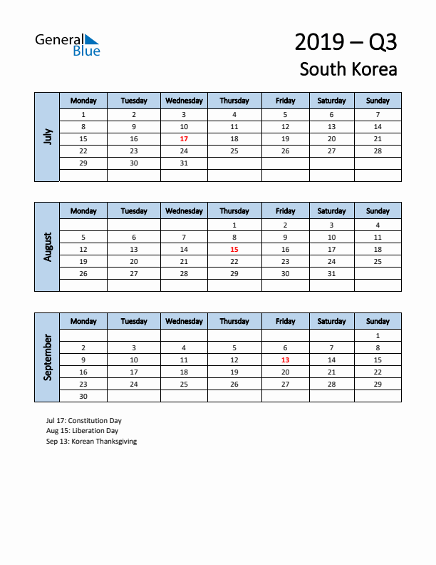 Free Q3 2019 Calendar for South Korea - Monday Start