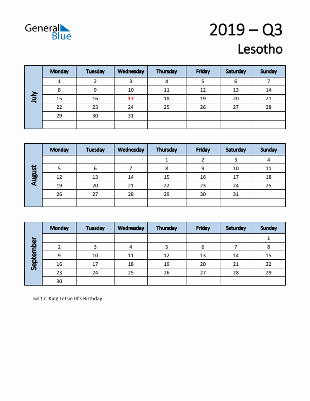 Free Q3 2019 Calendar for Lesotho - Monday Start