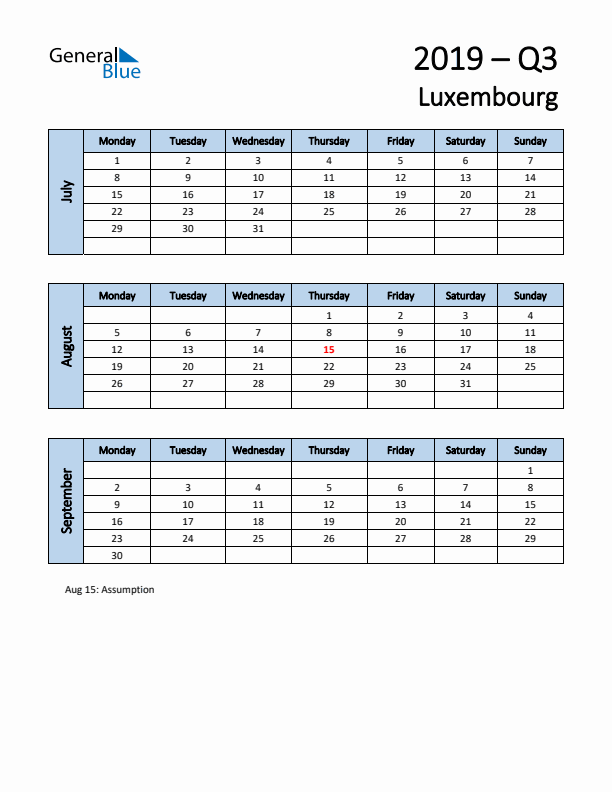 Free Q3 2019 Calendar for Luxembourg - Monday Start